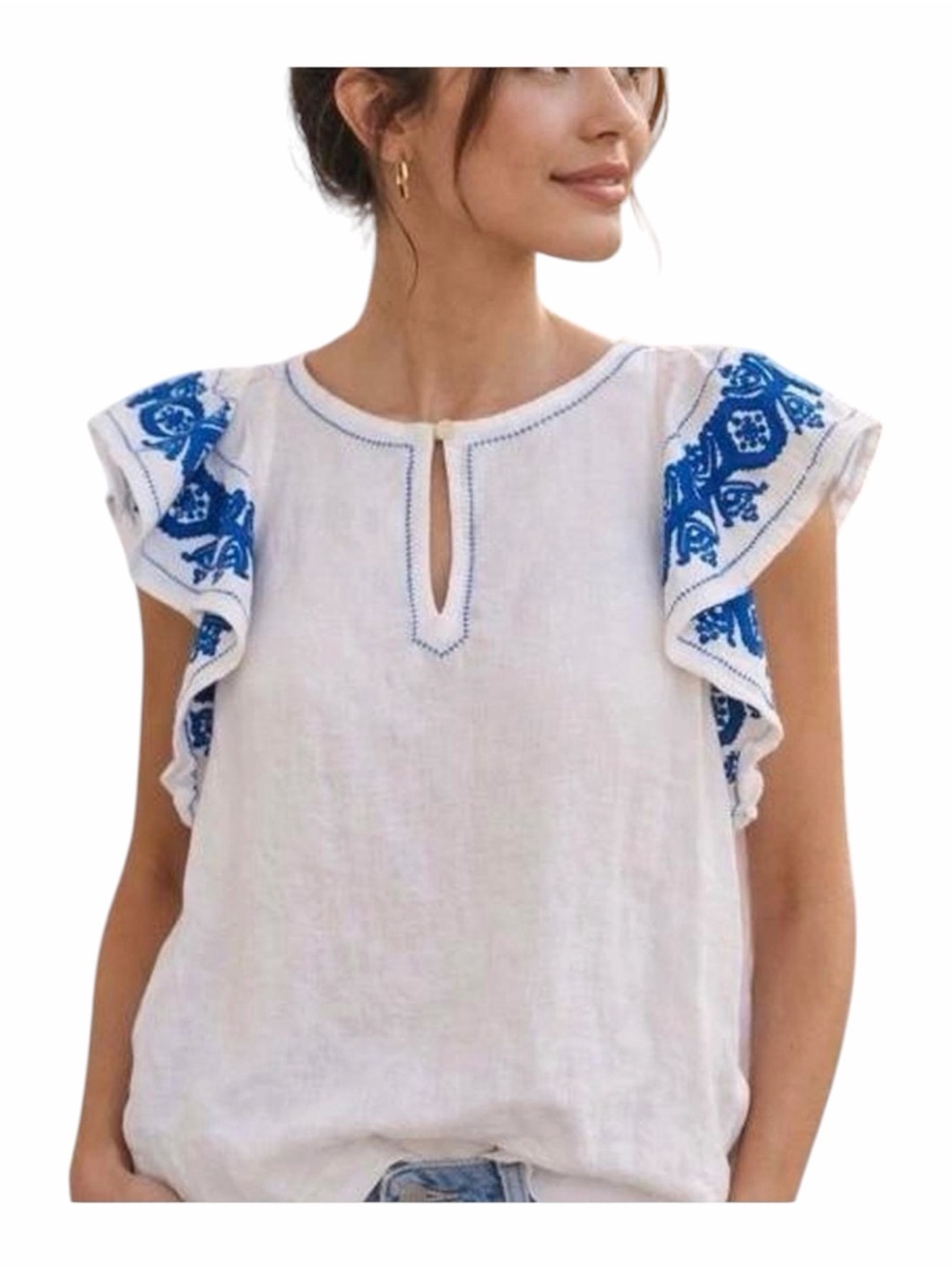 White Linen Blend Flutter Sleeve Top with Blue Embroidery J. Crew 100% linen sma